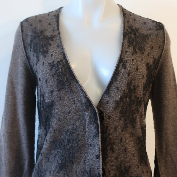 Womens Zhor & Nema Paris Taupe Black V-Neck Wool Cashmere Lace Cardigan M - Picture 2 of 15